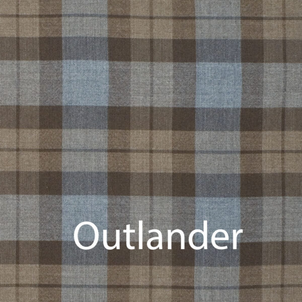 A plaid fabric with the word OUTLANDER on it, perfect for an OUTLANDER Bowtie Authentic Premium Wool Tartan.
