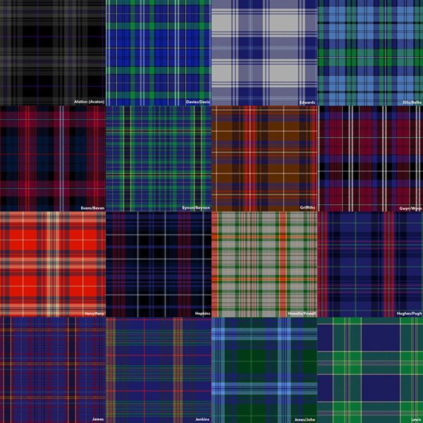 A collection of different plaids in different colors, featuring Welsh Tartan Earasaid - 13oz Medium weight Premium Wool and Earasaid Tartan Woven in Scotland.