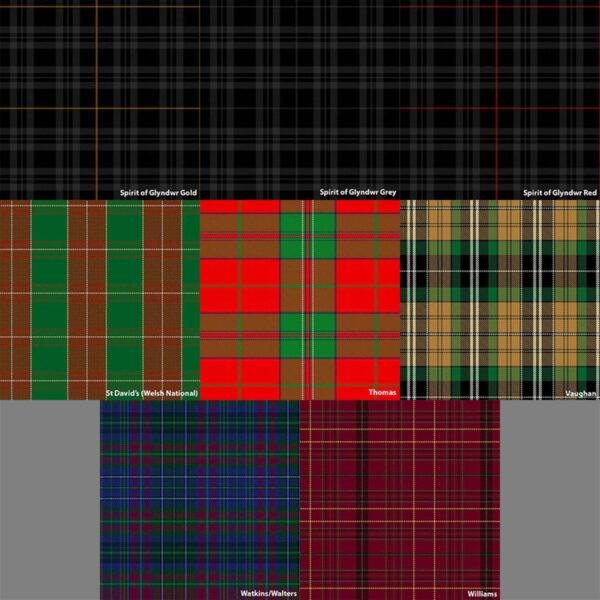 A variety of Welsh Tartan Earasaid - 13oz Medium Weight Premium Wool patterns in different colors, woven in Scotland.