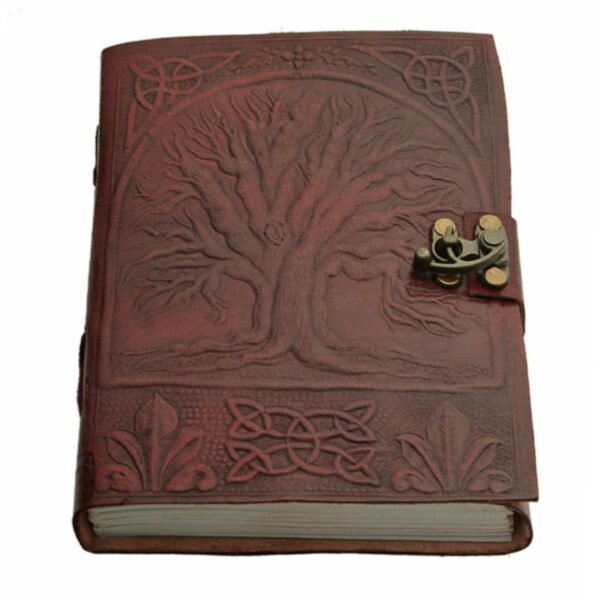 A brown Leather-Bound Tree of Life Journal - Old Display, also known as the greenman journal.
