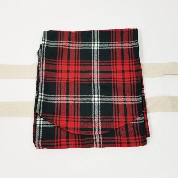 A Prince of Wales Small Tartan Casserole Carrier - Poly/Viscose Wool Free in red and black plaid pattern on a white surface.
