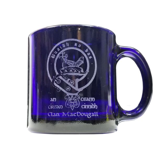 A MacDougall Clan Crest Coffee Mug - Engraved Blue Glass, perfect for coffee enthusiasts seeking a unique addition to their collection.