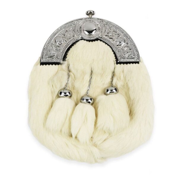 A White Rabbit Fur Sporran bag with silver bells on it.