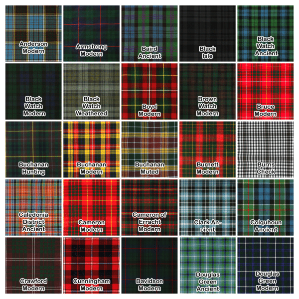 Scottish tartan color chart for Homespun Wool Blend tartan names A through D