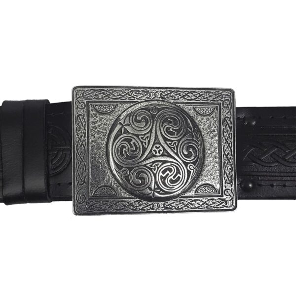 An ornate Celtic Spiral Pewter Kilt Belt Buckle perfect for adding a touch of Scottish flair to your kilt.