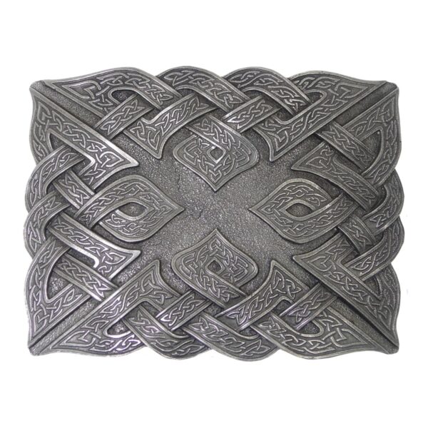 The Don McKee Celtic Knot Kilt Belt Buckle features an intricate design in silver.