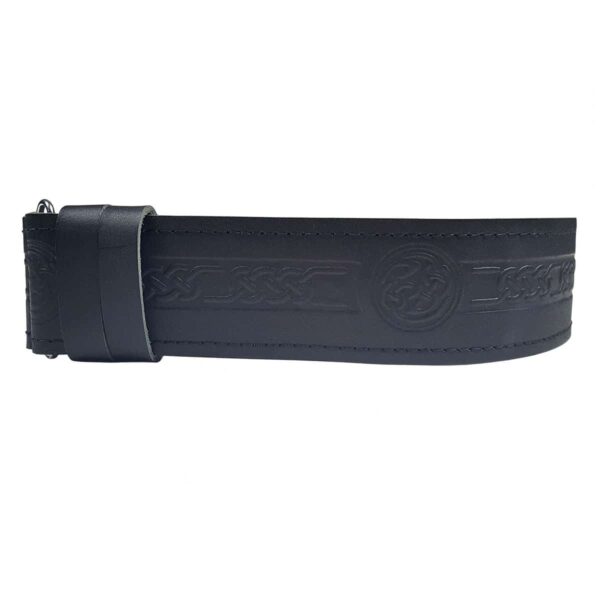 A Standard Celtic Embossed Leather Kilt Belt with a black belt and celtic design.