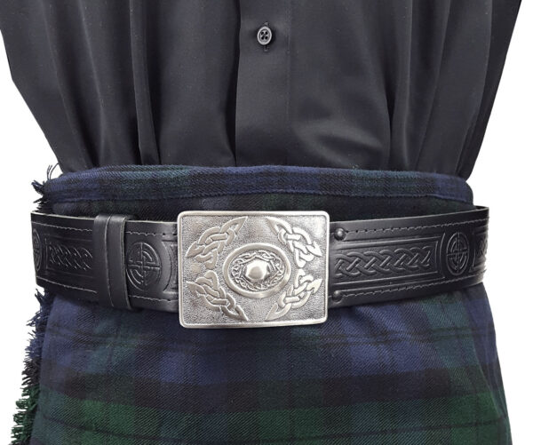 Celtic Embossed Quality Leather kilt belt with silver buckle.