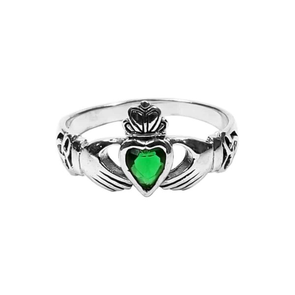 An Emerald Green Claddagh and Triquetra ring adorned with an enchanting emerald green stone.