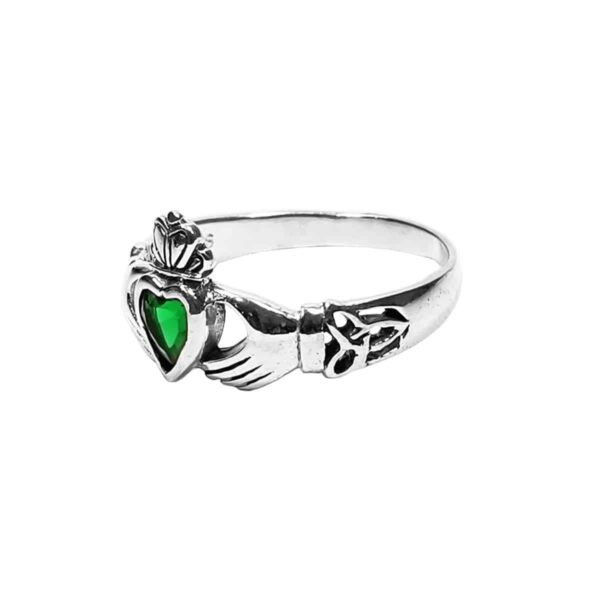 A silver Emerald Green Claddagh and Triquetra ring.