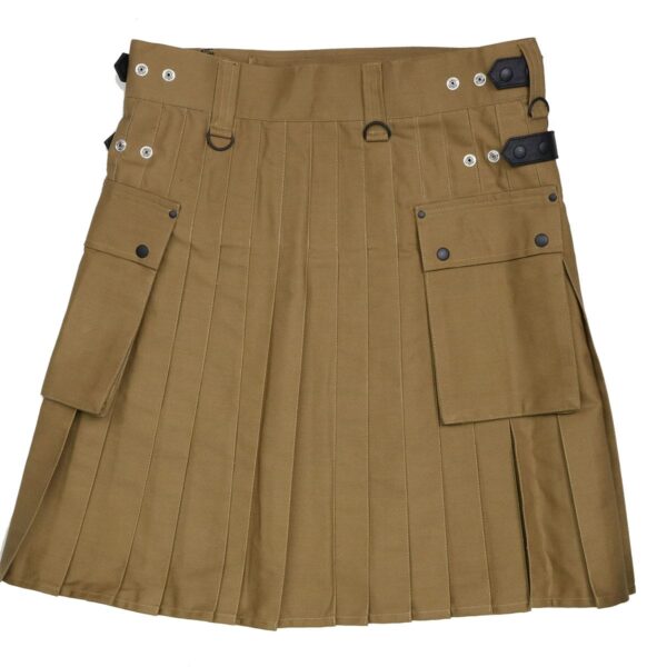 An Olive Green Canvas Utility kilt with pockets and buttons.