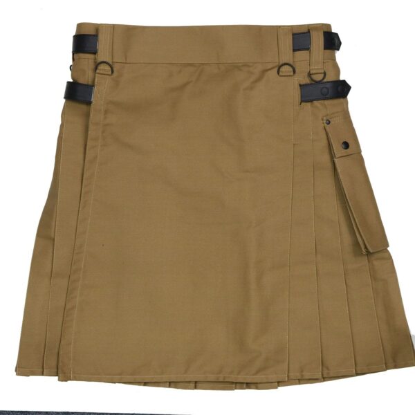 A tan Olive Green Canvas Utility Kilt with black buckles made from olive green canvas material.