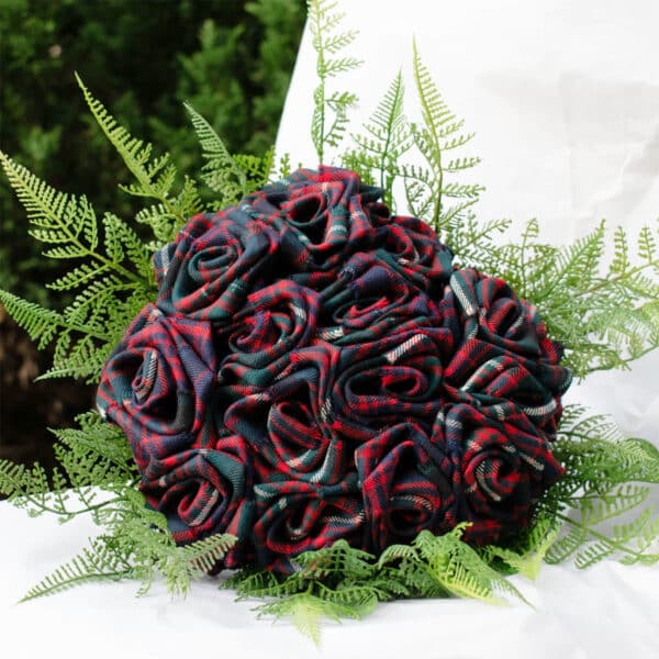 A Light Weight 11oz Premium Wool Tartan Rose Bouquet with ferns.