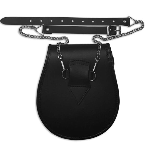 A black leather purse with a chain attached to it, featuring a Matching Tartan Sporran pattern on the side panels and a sporran-inspired design.