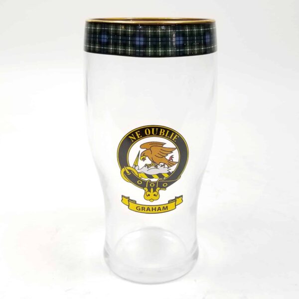 A Graham Clan Crest Tartan Pub Glass with a Scottish crest featuring the Graham clan.