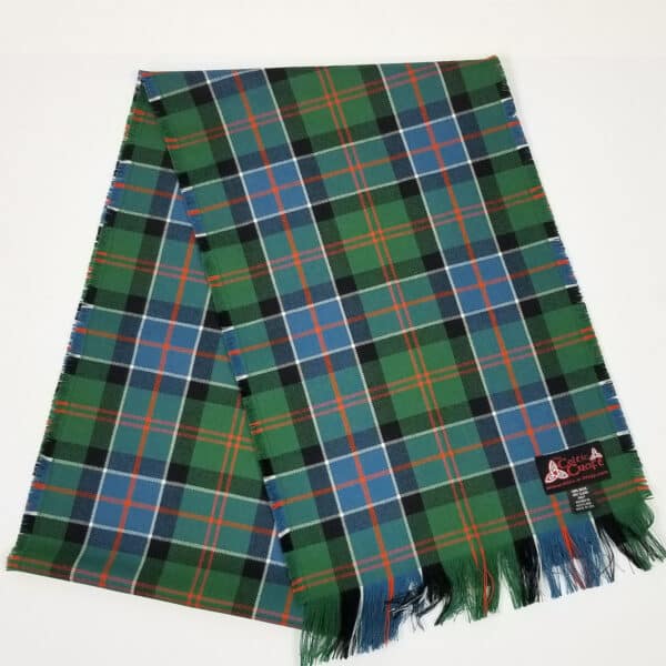 A green and blue Sinclair Ancient Tartan Scarf - Wool Free with fringes.