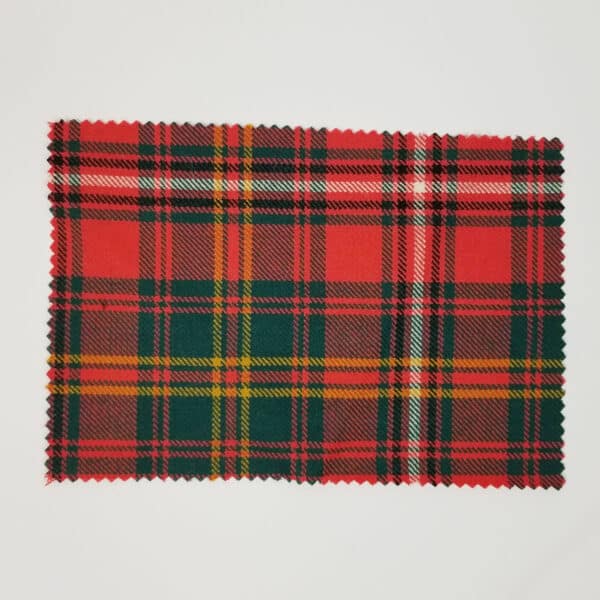 A Hay Modern Medium Weight Premium Wool Tartan Swatch featuring a red and green pattern on a white surface.