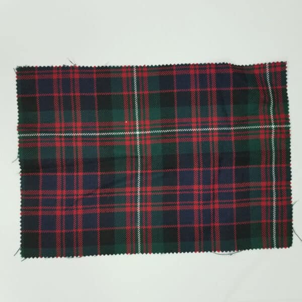 A MacDonnell of Glengarry Modern Light Weight Premium Wool Tartan Swatch with green, red and blue pattern on a white surface.