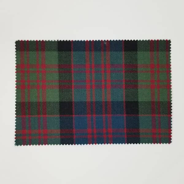 A MacDonald Muted Medium Weight Premium Wool Tartan Swatch in green and red on a white surface.