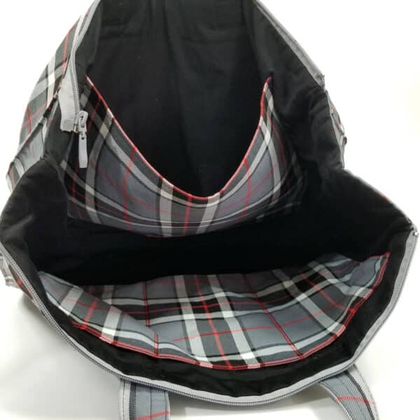 This Thompson Grey Tartan Laptop Bag - Poly/Viscose Wool Free with a zipper features a modern gray and red tartan design.