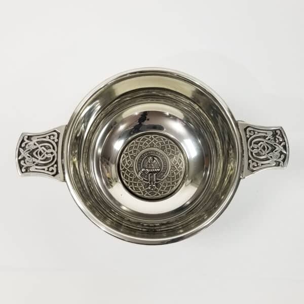 A Stewart Clan Crest Quaich - 4 Inch, a silver bowl with an ornate design on it.