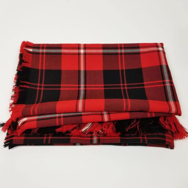 A Cunningham Modern Heavy Weight 16oz Wool Tartan Stole in a red and black plaid pattern on a white surface.