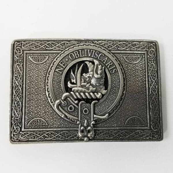 Rectangular metal Campbell Clan Crest kilt belt buckle with intricate celtic patterns and a central emblem featuring a winged creature and the latin phrase "ne obliviscaris," alongside a clan crest.