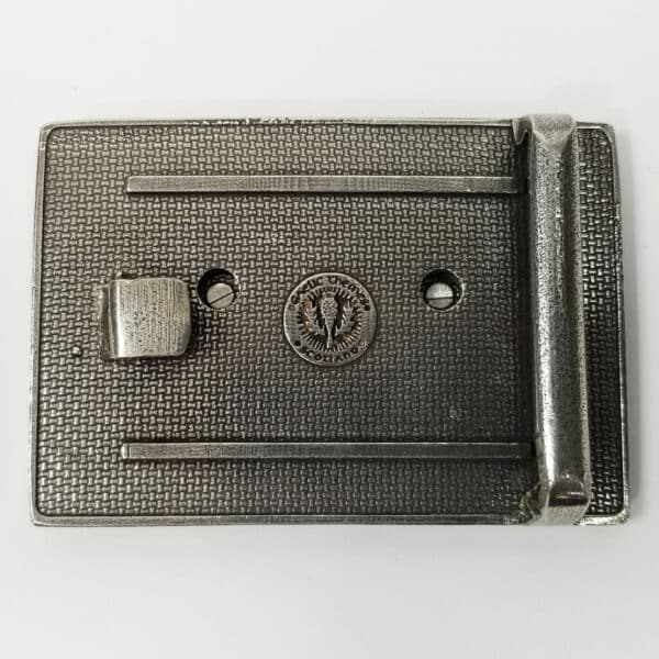 A vintage metal id card holder with a textured surface and a Campbell Clan Crest Kilt Belt Buckle emblem.