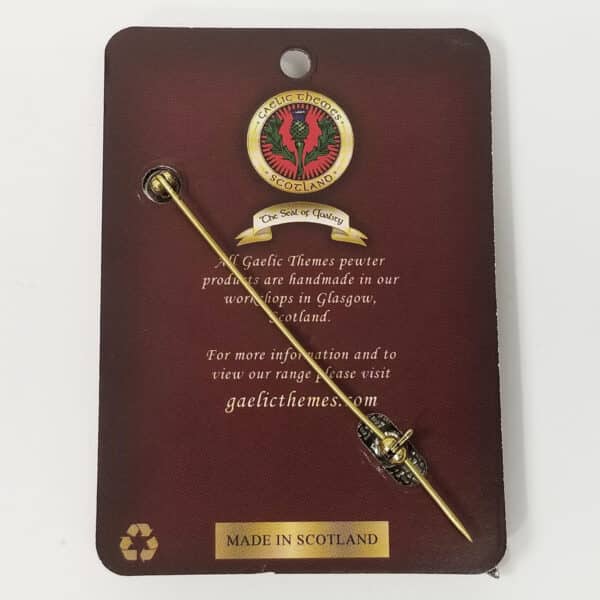 Wallace Pewter Clan Crest Kilt Pin with Celtic design displayed on a card with information about Gaelic-themed handcrafted jewelry from Scotland.
