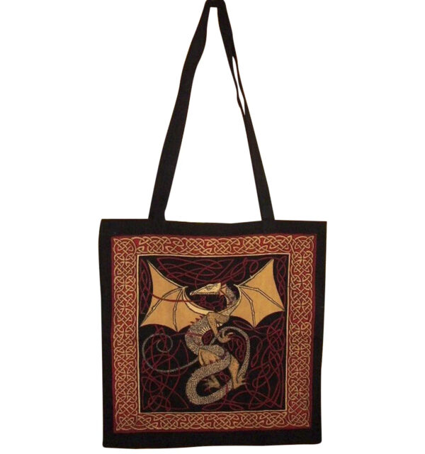 Celtic Dragon shopping bag with a detailed celtic dragon design in white on a gold and black background, bordered by intricate red knots.
