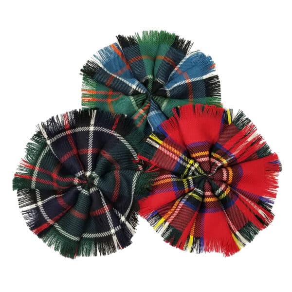 Three Fringed Tartan Rosettes in different color schemes, made of Lightweight 11oz Premium Wool.