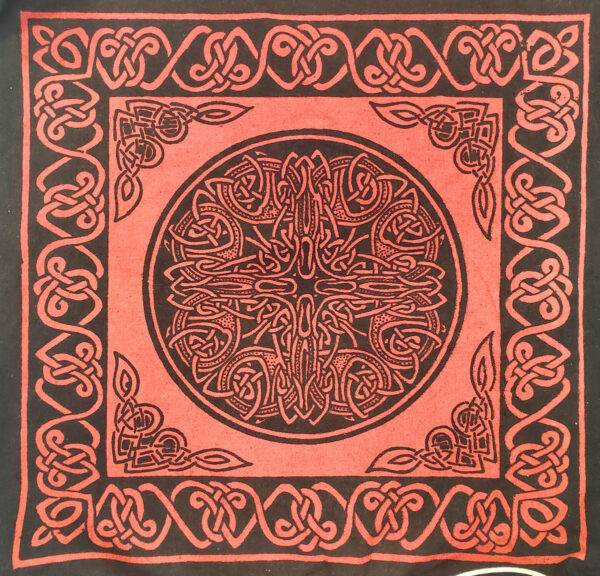 A red and black square shopping bag featuring intricate Celtic knot designs with a circular center pattern and corner embellishments.