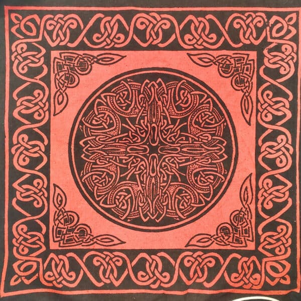 A red and black square shopping bag featuring intricate Celtic knot designs with a circular center pattern and corner embellishments.