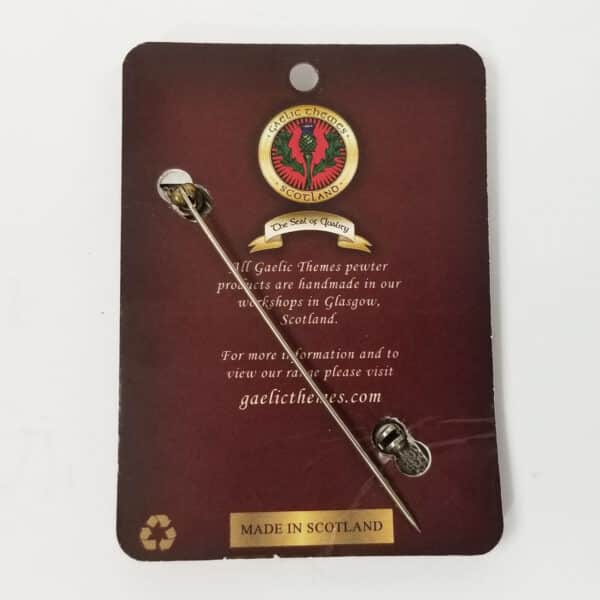 A pair of pewter Law Enforcement Kilt Pins on a card labeled "gaelic themes," with text noting the Law Enforcement Kilt Pins are handmade in Glasgow, Scotland.