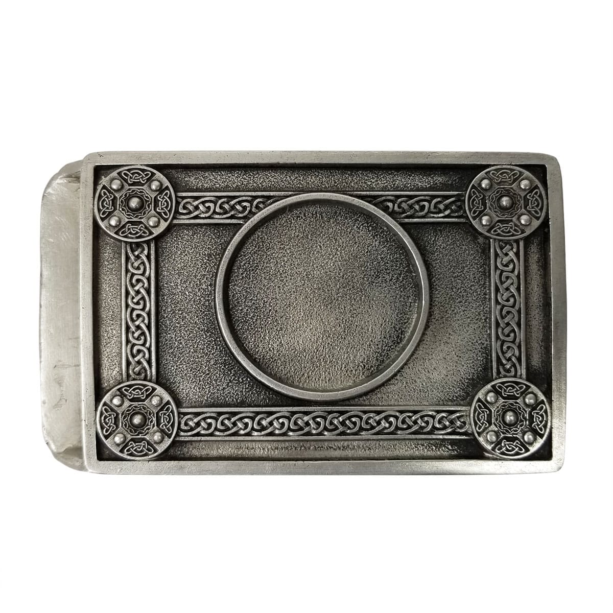 Rectangular Pewter Kilt Belt Buckle featuring intricate Celtic knot patterns and four circular designs, one at each corner. The center has a plain circular area.