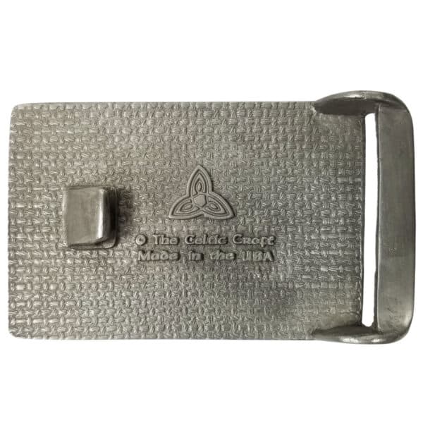 Back view of a Rectangular Pewter Kilt Belt Buckle with a textured pattern, a small raised clasp, and the text "The Celtic Croft Made in the USA" along with a triquetra symbol.