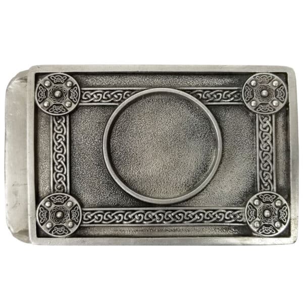 Rectangular Pewter Kilt Belt Buckle featuring intricate Celtic knot patterns and four circular designs, one at each corner. The center has a plain circular area.