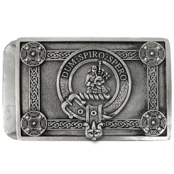 A rectangular metal Clan Crest Celtic Knot Kilt Belt Buckle with an ornate design featuring a knight on horseback and the Latin phrase "Dum Spiro Spero" inscribed in a circular border, reminiscent of a clan crest.