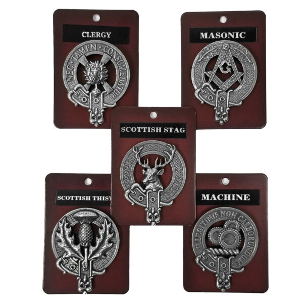 Five silver belt buckles on cards labeled: "CLERGY," "MASONIC," "SCOTTISH STAG," "SCOTTISH THISTLE," and "MACHINE." Each buckle showcases unique designs corresponding to the labels, reminiscent of the intricate craftsmanship seen in Assorted Cap Badges/Brooches.