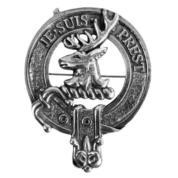 A Clan Crest Celtic Knot Kilt Belt Buckle with a stag's head in the center, text "JE SUIS PREST" around the edge, and intricate Celtic knot designs reminds one of a traditional clan crest.