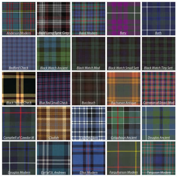 A grid showing various tartan patterns labeled with names like Anderson Modern, Blue Red Small Check, and Black Watch Mod. Each square features a different color and design combination.