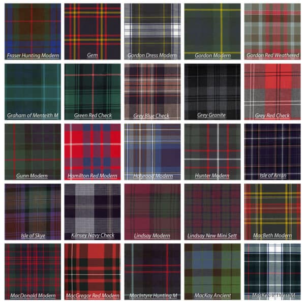 A grid of 30 different tartan patterns, each with its name labeled. Patterns include "Gordon Dress Modern," "Grey Blue Check," "Gunn Modern," and "Kinsey Navy Check" among others.