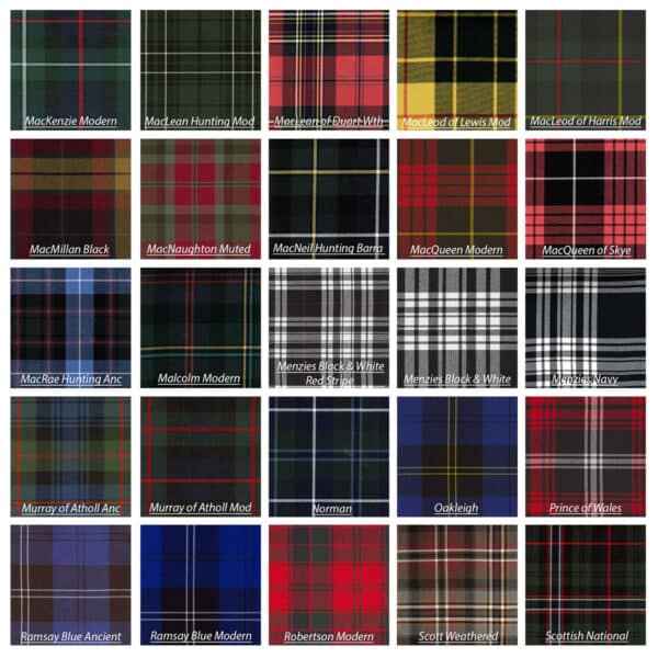 A grid of tartan patterns labeled with names such as MacKenzie Modern, MacLean Hunting Mod, Prince of Wales, Scottish National, and others. Each pattern has a unique color and design.