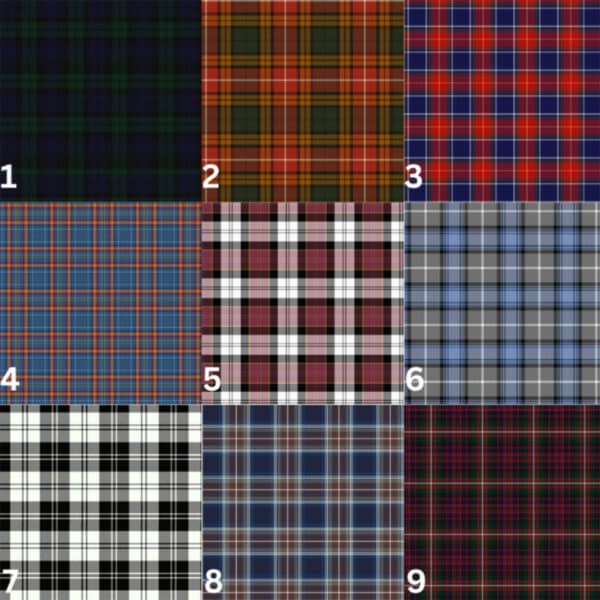 A grid of nine plaid patterns numbered 1 to 9, each showcasing different color schemes and designs, reminiscent of a Tartan Scottie Dog Ornament’s charm.