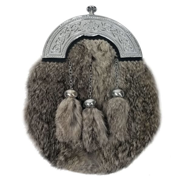 A traditional Grey Rabbit Fur Sporran featuring grey fur, three fur tassels, and an ornate silver top.