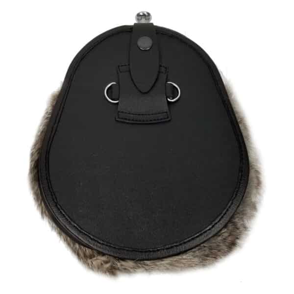 A Grey Rabbit Fur Sporran, adorned with metal rings and a buttoned strap.