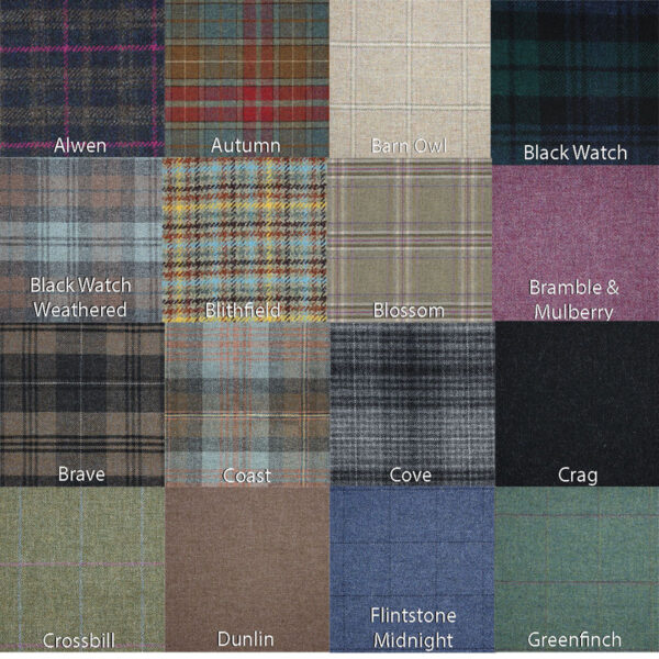 A color grid displaying 20 different patterns of Twill Tweed Fabric, each blending the rich textures of twill and fabric, labeled with names such as "Alwen," "Autumn," "Barn Owl," "Black Watch," and "Blithfield," among others.