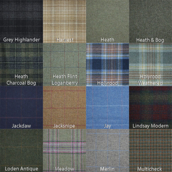 A grid of 20 distinct Twill Tweed Fabric swatches, featuring classics such as Grey Highlander, Harvest, Heath Flint Loganberry, and Holyrood, each highlighting traditional twill patterns that emphasize the rich heritage and texture of tweed.