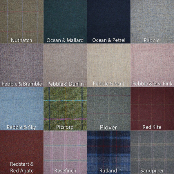 A grid of 18 Twill Tweed Fabric swatches organized in three rows of six, each labeled with a unique name, showcasing a range of colors and patterns including tweeds, plaids, and solid twills.