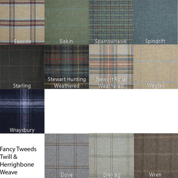 Grid of 12 Twill Tweed fabric swatches, each labeled: Seaside, Siskin, Sparrowhawk, Spindrift, Starling, Stewart Hunting Weathered, Stewart Royal Weathered, Wagtail, Wraysbury, Dove, Greylag, Mallard. Text: Fancy Tweeds in Twill & Herringbone Weave.